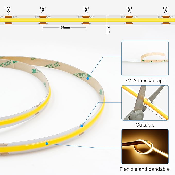 32.8ft COB LED Strip Light Warm White, High Bright LED Strips with 320LEDs, RF Remote and UL Power Supply, 3000K Dimmable LED Lights for Bedroom,Kitchen, DIY Home Decoration, 2 Rolls of 16.4ft