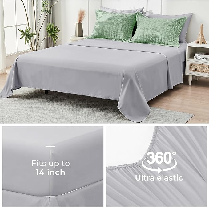 HYMOKEGE Sage Green/Light Grey King Size Comforter Set Seersucker 7 Pieces, All Season Luxury Bed in a Bag for Bedroom, Bedding Set with Comforter, Sheets, Pillowcases & Shams