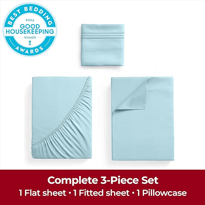 Mellanni Extra Deep Twin Sheets - 3 PC Iconic Collection Bedding - Hotel Luxury, Ultra Soft, Cooling Bed Sheets - Wrinkle, Fade, Stain Resistant (Twin, Aqua)