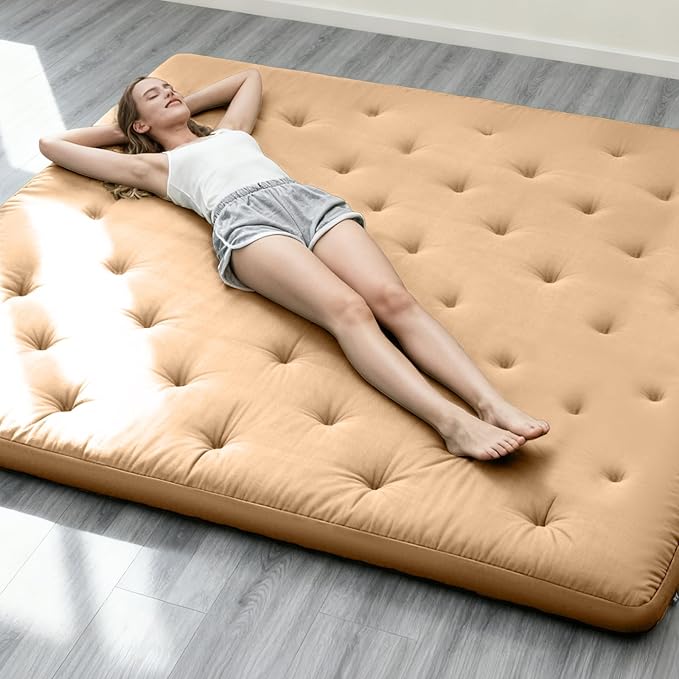 ZonLi Japanese Floor Futon Mattress Queen Size 80"x 60", 100% Cotton Cover 4'' Thicken Tatami Mattress, Foldable Sleeping Pad, Portable Dormitory Tatami Mat, Roll Up Floor Lounger Bed for Adult