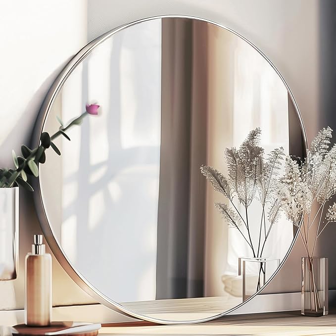 Silver Circle Mirror, Round Mirror 20 inch, Round Wall Mirrors with Aluminum Frame, Circle Mirrors for Living Room, Bathroom, Wall, Hallway.