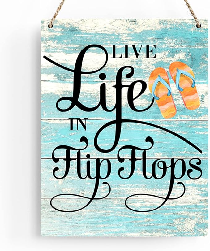 Rustic Live Life in Flip Flops Wood Hanging Sign, Farmhouse Quality Artwork Decor, Summer Wooden Plaque Sign Wall Art, Home Beach House Pool Decoration (8 x 10 Inches) (JTMP080)