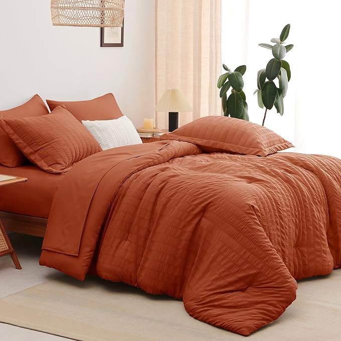 CozyLux Queen Comforter Set Burnt Orange Seersucker 7 Pieces Bed in a Bag Queen Comforter Set with Sheets Terracotta Luxury Bedding Set with Down Alternative Comforter, Sheets, Pillowcases & Shams