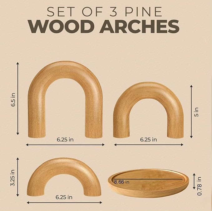 Leia's Store Decorative Wooden Arches & Tray Set – Neutral Coffee Table Decor, Rustic Bookshelf Styling, Boho Scandinavian Farmhouse Accents, Minimalist Aesthetic Wooden Sculptures (4 pcs)