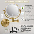 Antique Brass Rechargeable Wall Mounted Makeup Mirror Magnifying, 1X/10X Magnifying Mirror for Bathroom, 8 Inch 2 Sided 360 Swivel Extendable Arm Vanity Shaving Mirror for Bathroom