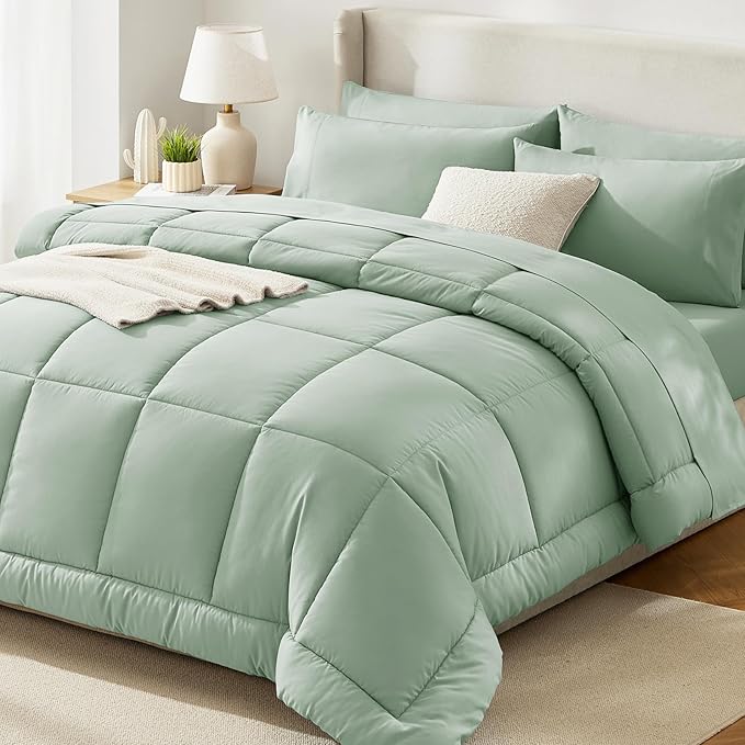 CozyLux Full Size Comforter Sets Sage Green, 7 Pieces Bed in a Bag, Green Comforter Full Size, All Season Bedding Sets with Stitch Quilted Comforter, Flat Sheet, Fitted Sheet, Pillowcases