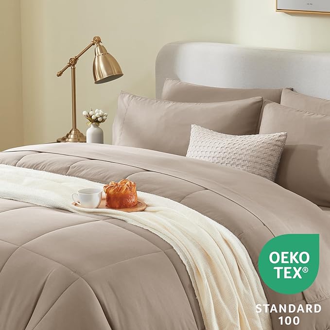 CozyLux Full Size Comforter Sets Khaki, 7 Pieces Bed in a Bag, Khaki Comforter Full Size, All Season Bedding Sets with Stitch Quilted Comforter, Flat Sheet, Fitted Sheet, Pillowcases