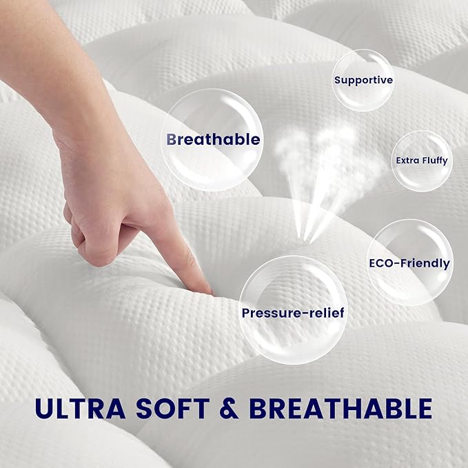 SLEEP ZONE Queen Mattress Protector, Deep Pocket Mattress Pad Cover, Thick Fitted Mattress Topper for Back Pain, Hotel Quality (White, Queen)