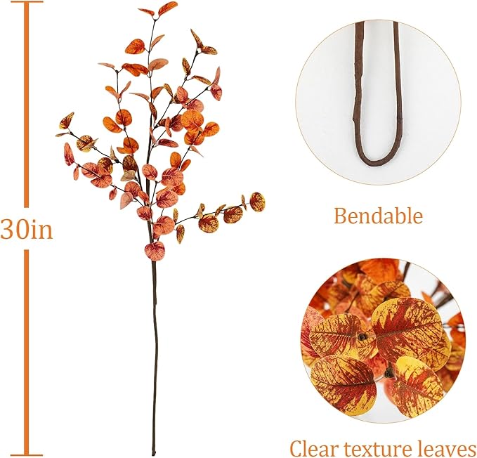 6pcs Artificial Fall Eucalyptus Leaves Stems 30" Faux Fall Leaf Fall Branches Autumn Decorations for Home Fall Floral Arrangements Farmhouse Table Centerpiece Decor