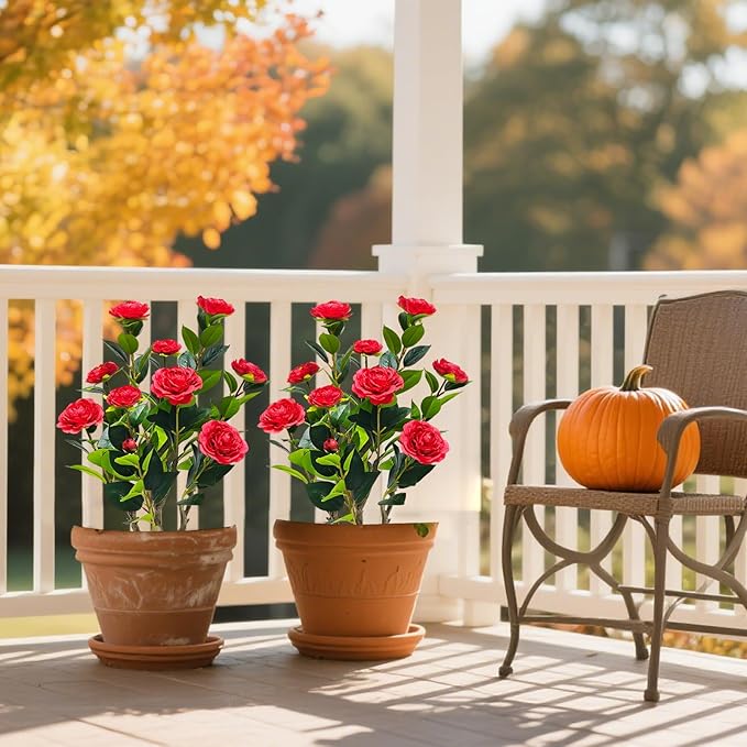 2Pack Artificial Camellia Tree, 2FT Faux Camellia Plant in Pot with Red Flowers for Spring Home Front Door Outdoor Indoor Decoration,Red