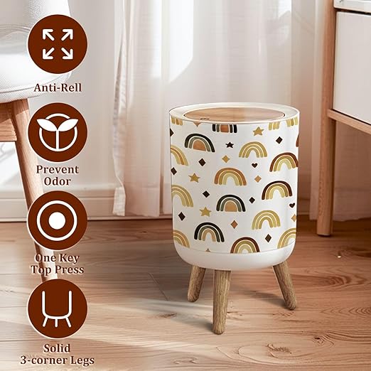 Small Trash Can with Lid Scandinavian Boho Nursery Rainbow Neutral Gender Colors Watercolor Garbage Bin Pet Proof Waste Basket for Kitchen Bathroom Office Bedroom Decorative 1.8 Gallon