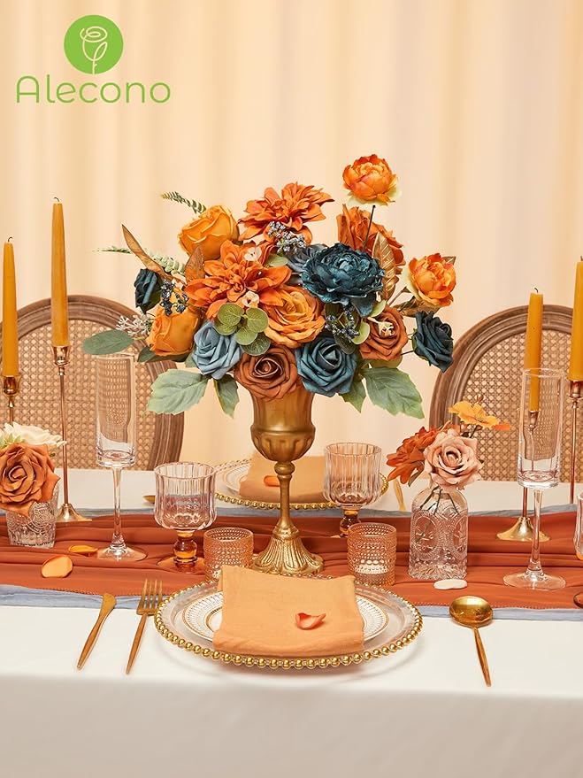 Alecono Artificial Flowers, Orange Fake Flowers for Fall Wedding Bouquets, Wedding Cake Flowers for Table Centerpieces Birthday Party Home Autumn Decor
