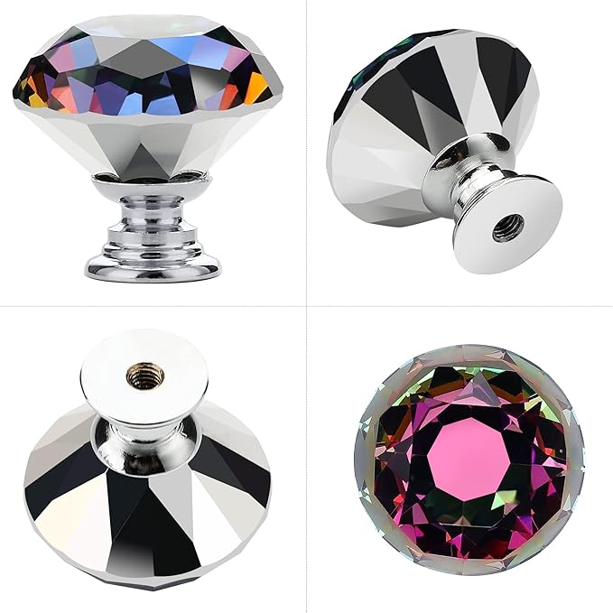 Ravinte 25 Pack Colorful Crystal Drawer Knobs - Diamond Shaped, 30 mm with Black Base