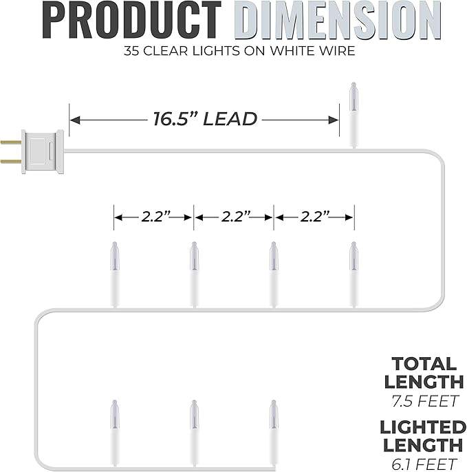 612 Vermont Clear 35 Count Christmas String Lights on White Wire Cord, UL Approved for Indoor Use Only, Total Length 7.5 Foot, Lighted Length 6.1 Foot
