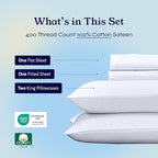 California Design Den King Size Sheets Set - Soft 400 Thread Count Sateen, Natural 100% Cotton Sheets King Size, Deep Pockets with All Around Elastic for a Snug Fit, Cool & Durable Bedding - White