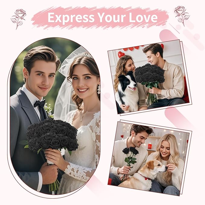 52 PCS Black Artificial Roses Bulk, Fake Artificial Flowers Bridal Bouquet Silk Faux Rose with Stems for Wedding Flowers Decoration, Valentine's Day, Bridal Bouquet, Anniversary, Home Decor (52PCS)