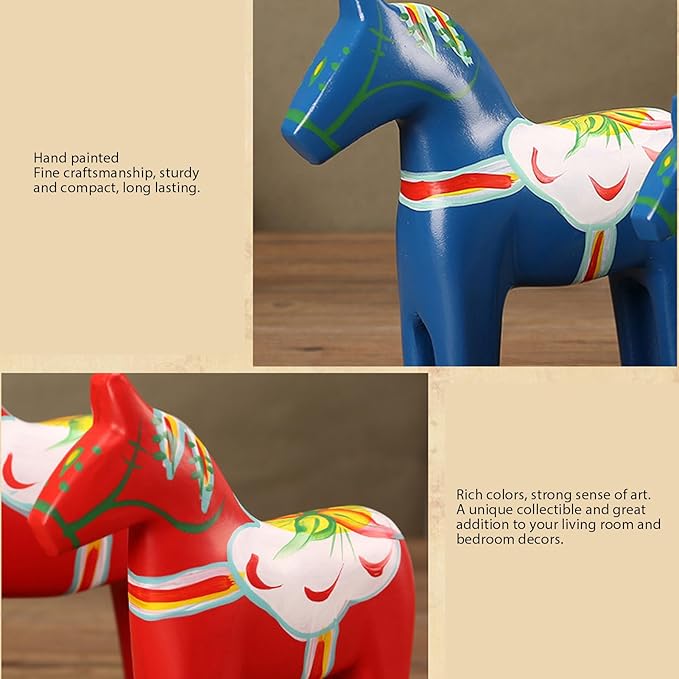 EVGATSAUTO Swedish Wooden Horse Figurine Pair, Hand Painted Nordic Decor, Traditional Red Dala Horse for Home Wedding Gift, Composite Wood Ornament