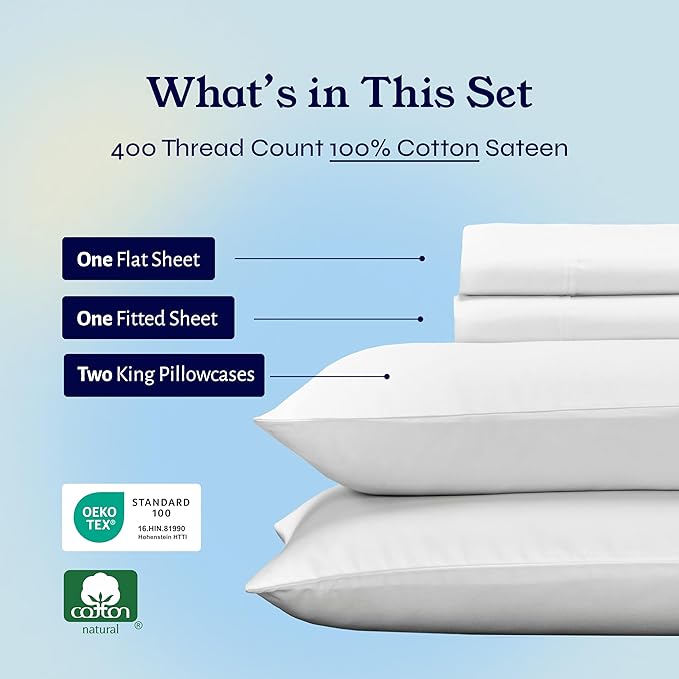 California Design Den King Bed Sheets Set - Soft 400 Thread Count Sateen, 100% Cotton Sheets, Deep Pockets with All Around Elastic for a Snug Fit, Cool & Durable Bedding Set - Antique White