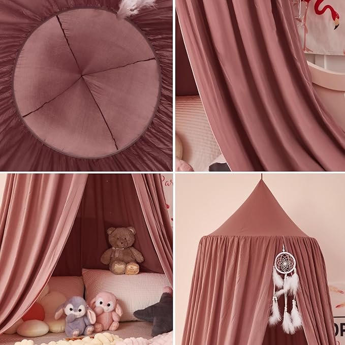 dix-rainbow Princess Decor Canopy for Kids Bed, Soft and Durable Bed Canopy for Girls Room Tent Canopy Dreamy Mosquito Net Bedding, Children Reading Nook Canopies Indoor（Red Bean）