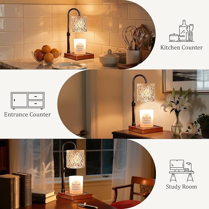 Hong-in Candle Warmer Lamp with Timer -Dimmable Adjustable Height Wax Melt Warmer for Jar Candles,Vintage Home Decor with Elegant Amber Glass,Birthday Gifts for Women, Mom, Friend