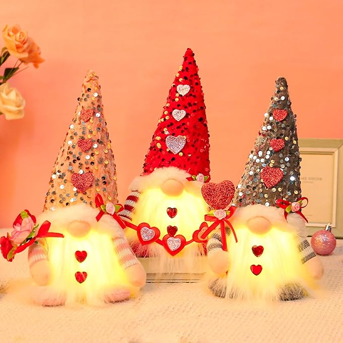 Light Up Gnome Valentine's Day Decorations Indoor Home Decor 11" Lighted Valentines Gnomes Decor Plush Scandinavian Tomte Elf Holiday Gnomes Ornaments Valentines Day Gifts for Her (3 Pcs)