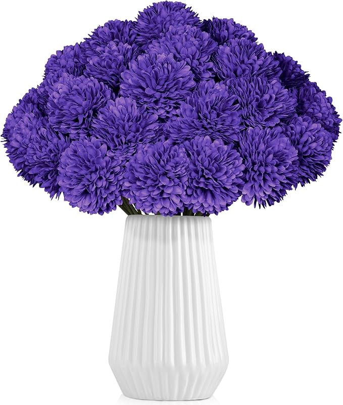 36 Pcs Purple Artificial Chrysanthemums Flowers Fake Mums Silk Vintage Ball Flower for Home Decor Indoor Floral Arrangement Table Centerpiece