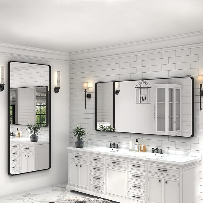 60x30 Black Framed Bathroom Mirror for Wall, Black Metal Bathroom Vanity Mirror, Modern Rectangle Mirror, Rounded Corner, Shatterproof, Anti-Rust (Horizontal/Vertical)