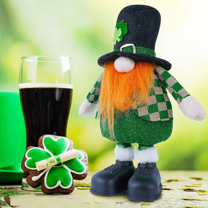 Standing St.Patrick's Day Gnome Plush Doll with Retractable Legs Nordic Scandinavian Swedish Dwarf Gnome Figurines Wearing Glitter Clothes & Black Boots Lucky Green Shamrock Irish Table Decor (B)