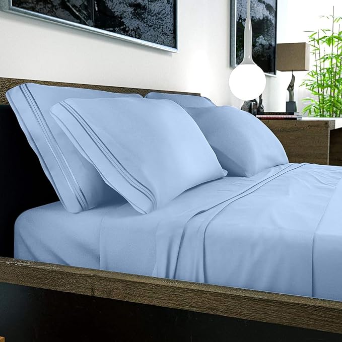 DREAMCARE Sheets Full Size Bed - Cooling Bed Sheets - 6pcs Set - Full Sheet Set - Full Size Sheets - Full Size Sheet Sets Soft & Long Lasting 100% Fine Brushed Polyester with Side Pocket - Light Blue
