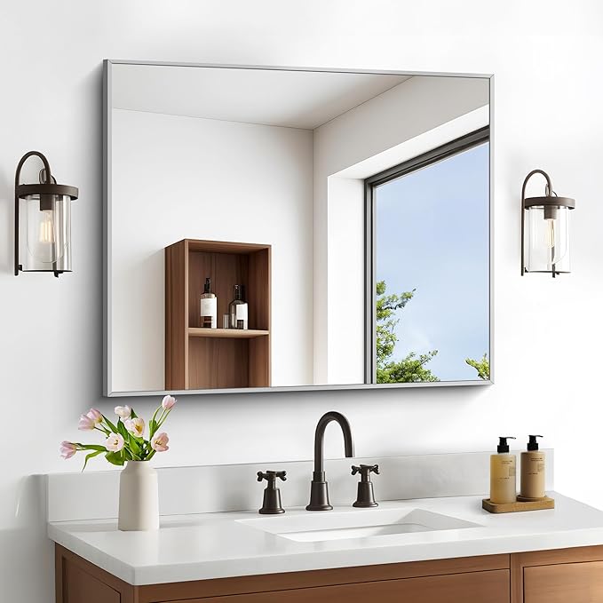 30" x 36"Bathroom Mirror, Silver Rectangle Corner Wall Mirror with Metal Frame, Decorative Rectangular Vanity Mirror for Bedroom Bathroom Living Room Entryway (Horizontal/Vertical)