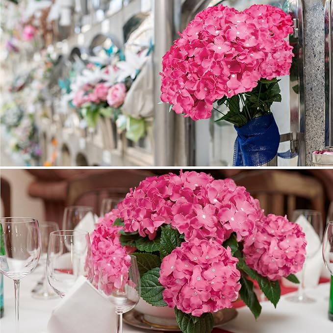 Auihiay 64pcs Hydrangea Artificial Flowers, Rose Red Artificial Hydrangea Flowers, Silk Hydrangea Heads with Stems for Garden, Home Party Baby Shower DIY Wedding Centerpiece (Rose Red)