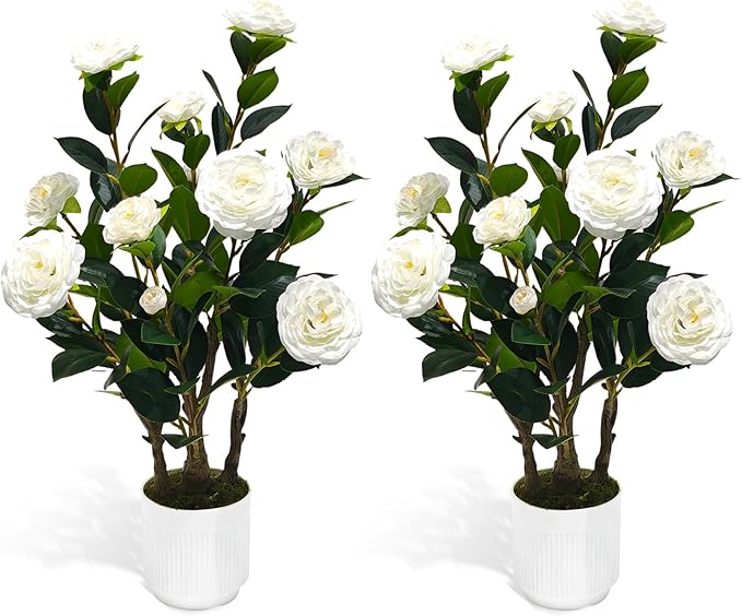 2Pack Artificial Camellia Tree, 2FT Faux Camellia Plant in Pot with White Flowers for Spring Home Front Door Outdoor Indoor Decoration,White