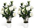 2Pack Artificial Camellia Tree, 2FT Faux Camellia Plant in Pot with White Flowers for Spring Home Front Door Outdoor Indoor Decoration,White