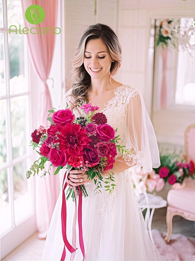 Alecono Artificial Flowers, Hot Pink Fake Flowers for DIY Wedding Bouquets, Bridal Baby Shower, Home Decor, Centerpieces for Table Decorations
