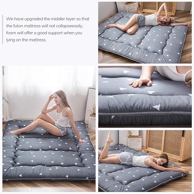 Grey Triangle Japanese Floor Futon Mattress, Tatami Mat Portable Camping Mat Kids Sleeping Pad Foldable Roll Up Floor Lounger Pillow Bed Twin Size with Mattress Protector Cover