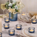 30Pcs Blue Tealight Candle Holder, Ribbed Votive Candle Holders Glass with 32pcs Tea Light Candles for Wedding Decor, Home Decor and Party Decor