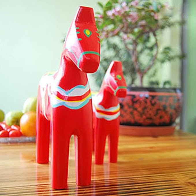 Asixxsix Red Scandinavian Wooden Dala Horse Figurines, Set of 2, Cultural Christmas Decoration Gift