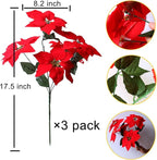 3 Pack Christmas Artificial Poinsettia Flowers Stem Bouquets Outdoors with 15pcs 8.2 Inch Red Poinsettia Flowers Heads for Christmas Tree, Xmas Garland, Vase, Window Box, Porch Home Decorations