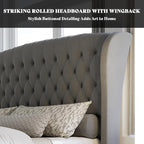 AMERLIFE California King Size Platform Bed Frame, Velvet Upholstered Sleigh Bed with Scroll Wingback Headboard & Footboard/Button Tufted/No Box Spring Required/Grey