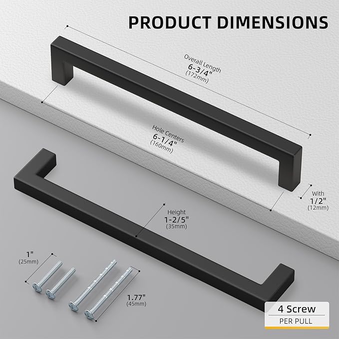 goldenwarm 45 Pack 6-1/4 Inch Black Cabinet Handles Matte Black Drawer Pulls Stainless Steel Cabinets Hardware Square Bar Modern for Kitchen Bathroom Cupboard