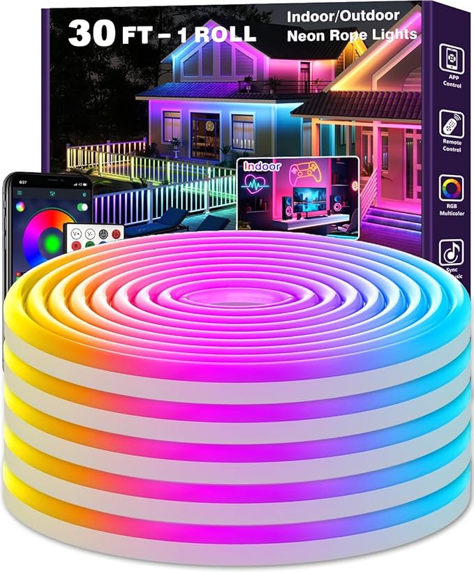 EJ's SUPER CAR 30Ft Neon Rope Lights, Flexible LED Strip Lights with App Remote, Outdoor IP65 24V RGB Rope Lights for Bedroom, Music Sync Gaming Led Neons Light Strip for Outdoors Decor