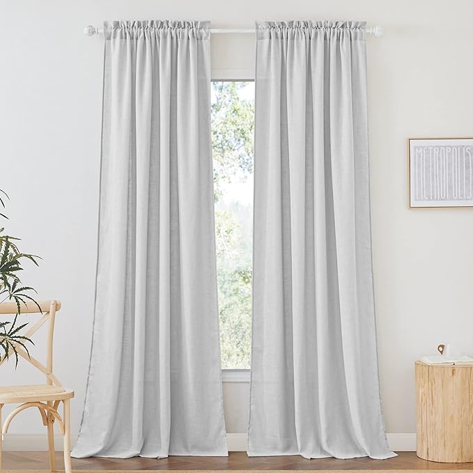 RYB HOME Semi Sheer Curtains - Linen Textured Wave Curtains Privacy Light Airy Drapes for Living Room Bathroom, Dove Grey, 52 inch Width x 90 inch Length, 2 Panels