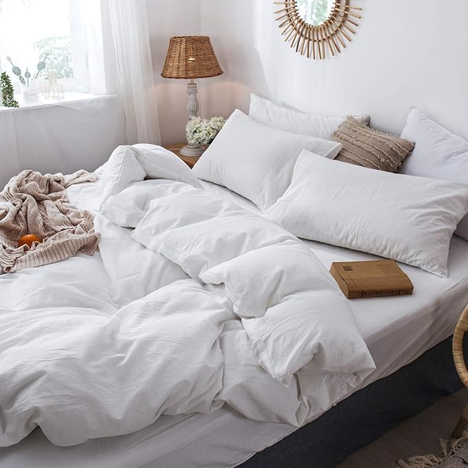 MooMee Bedding Duvet Cover Set 100% Washed Cotton Linen Like Textured Breathable Durable Soft Comfy (Solid Off White, Palatial King/Oversized King 120"x98")