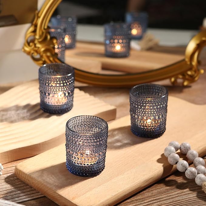 48 Pack Votive Candle Holders for Wedding, 2x2.5in Blue Vintage Glass Tea Light Candle Holders for Baby Shower, Tealight Candle Holder Decor for Home Table Centerpieces