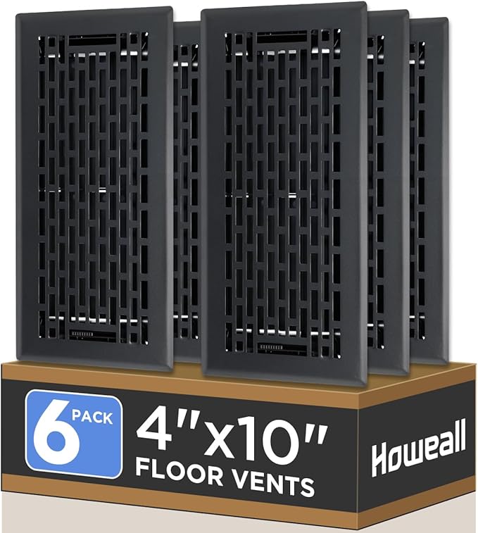 4x10 Inches 6 Pack Heavy Duty Walkable Floor Register - Easy Adjust Air Supply Lever Decorative Floor Vent Covers, Boston Design Vent Covers for Home - Matte Black