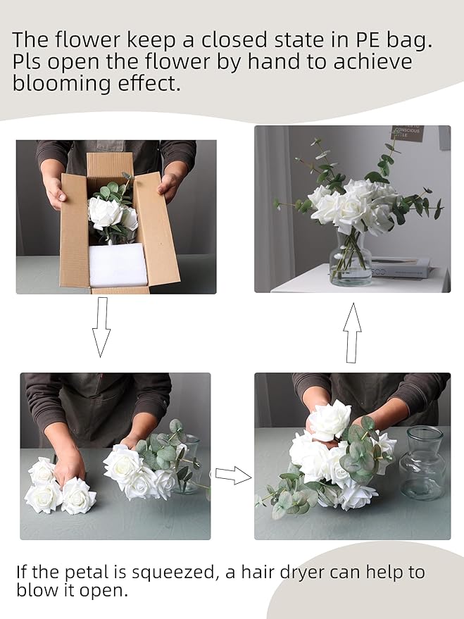 Artificial Flowers with White Roses in Vase, Fake Flowers Bouquet with Vase, Silk Flower Arrangements with Artificial Flowers for Home Dining Table Decor(No Fake Water).