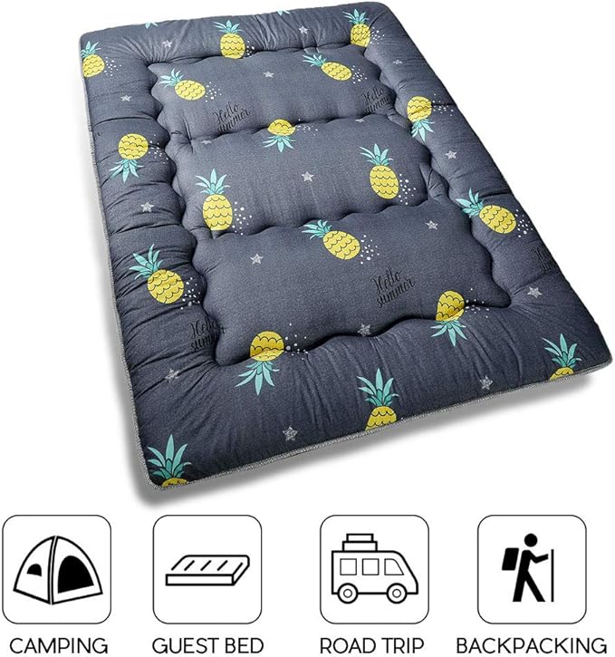 MAXYOYO Grey Pineapple Japanese Floor Futon Mattress, Tatami Floor Mat Portable Camping Mattress Kids Sleeping Pad Foldable Roll Up Floor Lounger Couch Bed Full Size with Mattress Protector Cover