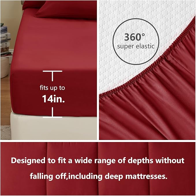 CozyLux Queen Comforter Set Dark Red, 7 Pieces Bed in a Bag, Red Comforter Queen Size, All Season Bedding Sets with Stitch Quilted Comforter, Flat Sheet, Fitted Sheet, Pillowcases