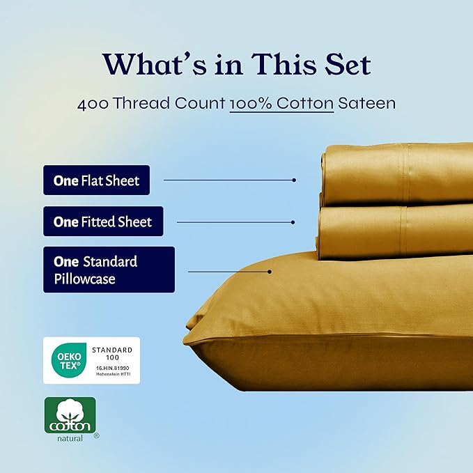 California Design Den Twin Sheets Set - Soft 400 Thread Count Sateen, Natural 100% Cotton Sheets with Deep Pockets, Cooling and Durable Bedding Set - Golden Mustard