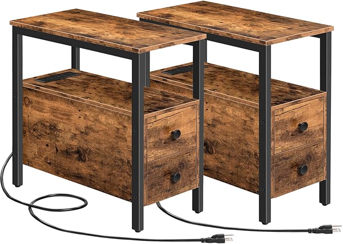 HOOBRO End Table with Charging Station, Narrow Side Table with 2 Drawer & Power Outlets, Nightstand Small Spaces, Rustic Brown and Black BF541BZP201